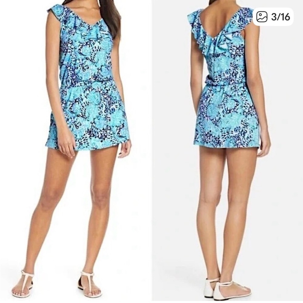 Lilly Pulitzer Blue Multi Ruffle V-Back Romper